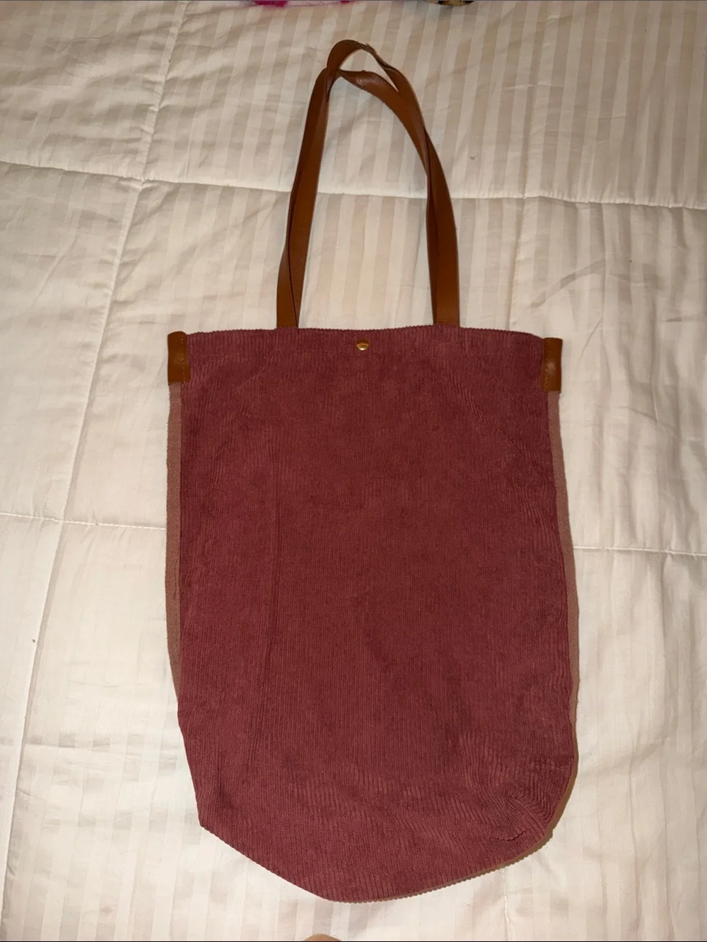 Women’s Casual Corduroy Tote Bag in Dusty Rose with Brown Straps